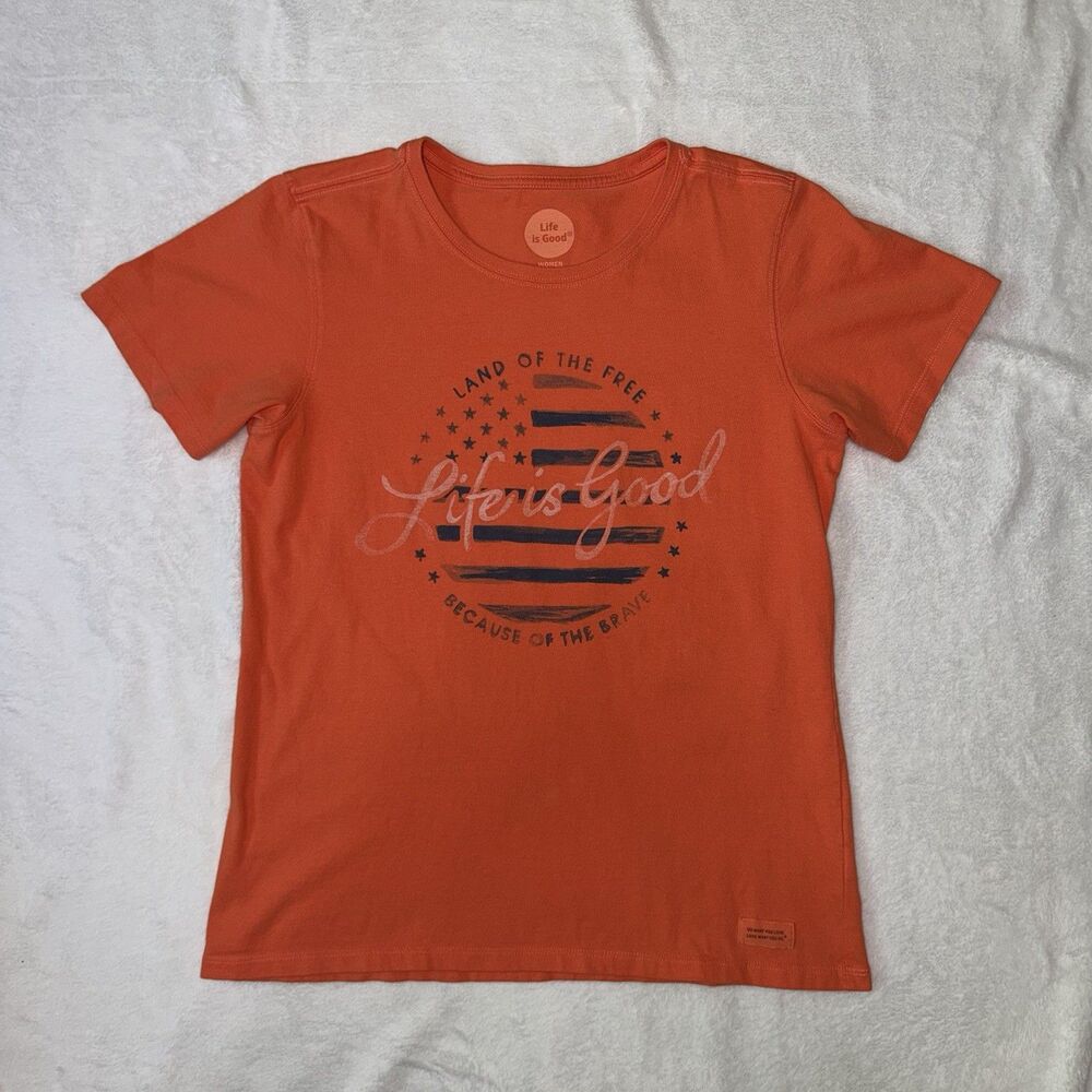 Life is Good Women's Medium Orange Classic Fit T-Shirt Land of the Free Brave